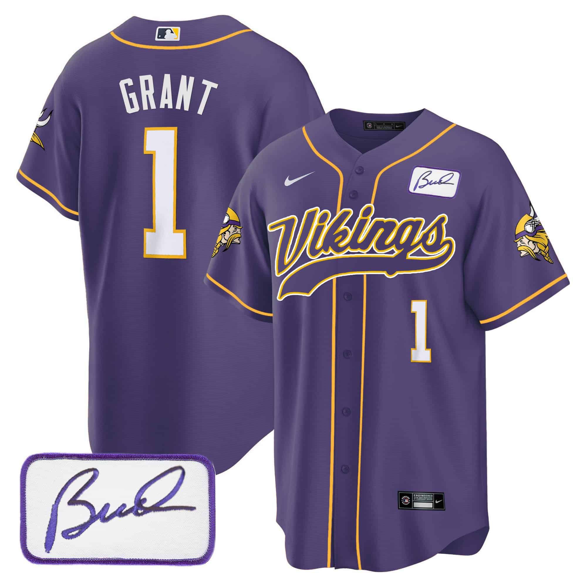 Men Minnesota Vikings #1 Grant Purple 2024 Nike Bud Grant Patch Classic Baseball NFL Jersey style 1